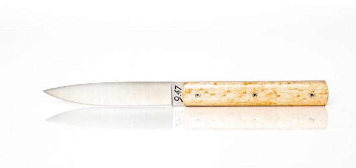 Coffret de 6 couteaux de table 9.47 en érable moucheté avec lame en acier inoxydable Sandvik 12C27M fabriqués artisanalement à Thiers en France