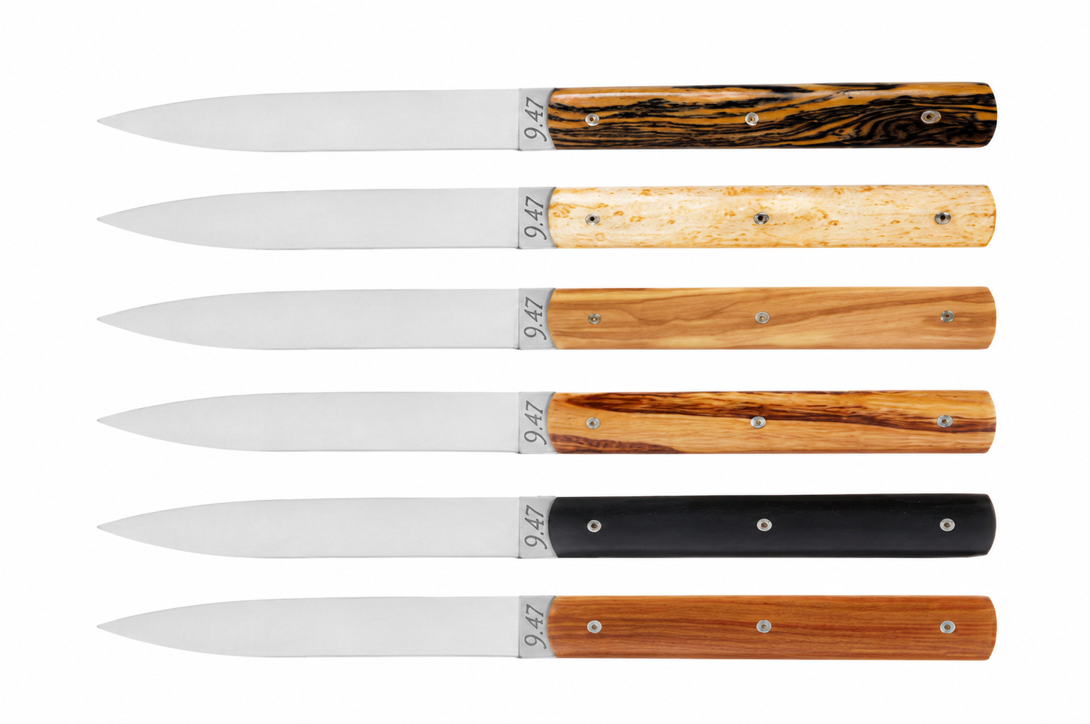 Coffret de 6 couteaux de table 9.47 Panaché Bois avec manches en Bocote, Olivier, Ébène, Gaïac, Bois de serpent et Érable moucheté fabriqués artisanalement en France by  coutellerie Marcin Liège