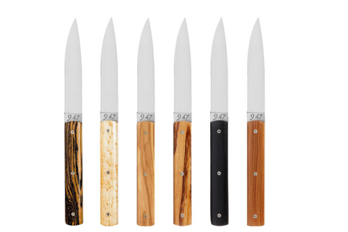 Coffret de 6 couteaux de table 9.47 Panaché Bois avec manches en Bocote, Olivier, Ébène, Gaïac, Bois de serpent et Érable moucheté fabriqués artisanalement en France