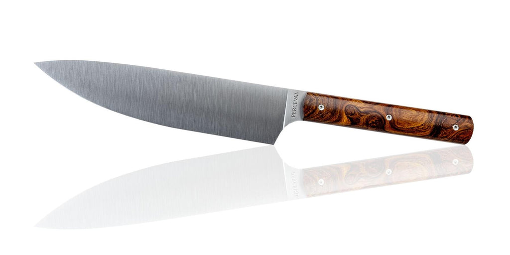 Couteau de cuisine Éminceur Perceval 18 cm avec lame en acier inoxydable 12C27M et manche en Bois de Fer d'Arizona fabriqué artisanalement à Thiers en France.