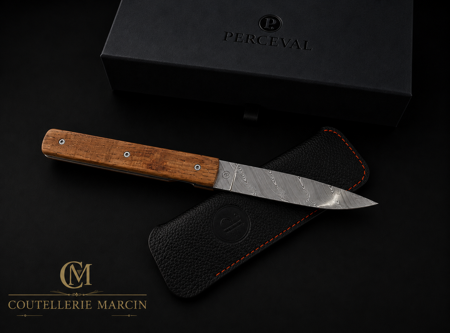 Couteau de poche Perceval Le Français avec lame Damasteel®, manche en fût de chêne et système liner-lock fabriqué en France , marcin , Liège