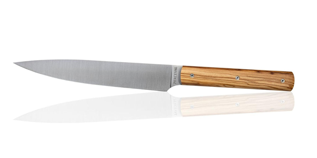 Couteau trancheur Le Thiers 20 cm avec manche en bois d'olivier et lame en acier inoxydable Sandvik 12C27M pour une découpe précise des viandes et rôtis.
