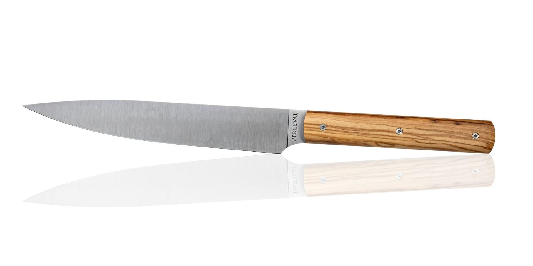 Couteau trancheur Le Thiers 20 cm avec manche en bois d'olivier et lame en acier inoxydable Sandvik 12C27M pour une découpe précise des viandes et rôtis.