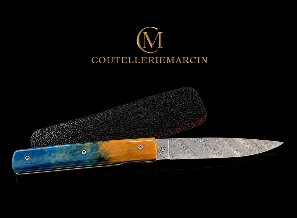 Le Français – Couteau pliant lame Damas inox Twist et manche en os de chameau – Fabrication artisanale à Thiers
