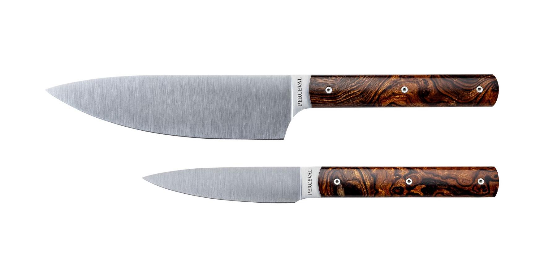 Set de 2 couteaux de cuisine Perceval Office 10 et Éminceur 15 avec manches en Bois de Fer d'Arizona et lames en acier inoxydable 12C27M fabriqués en France