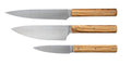 Set de 3 couteaux de cuisine en bois d'olivier avec couteau Office 10 cm, Éminceur 15 cm et Trancheur 20 cm fabriqués artisanalement en France avec lame en acier inoxydable 12C27M.Liège