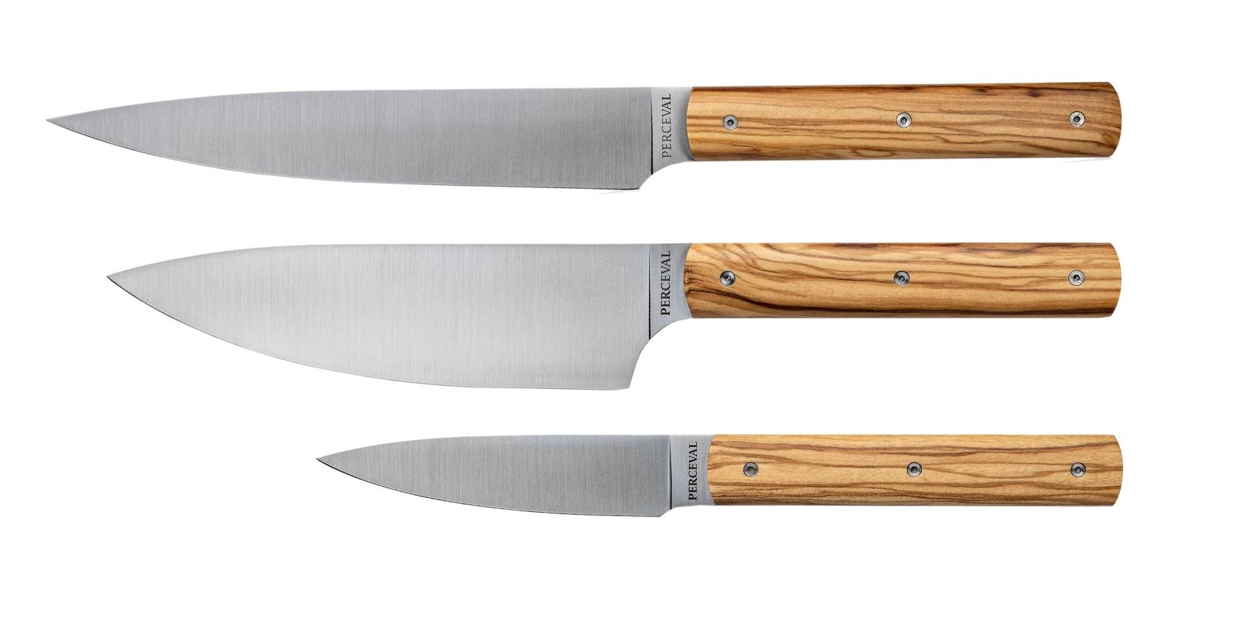 Set de 3 couteaux de cuisine en bois d'olivier avec couteau Office 10 cm, Éminceur 15 cm et Trancheur 20 cm fabriqués artisanalement en France avec lame en acier inoxydable 12C27M.Liège